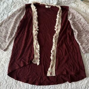 Umgee Burgundy Cardigan with Cream Trim